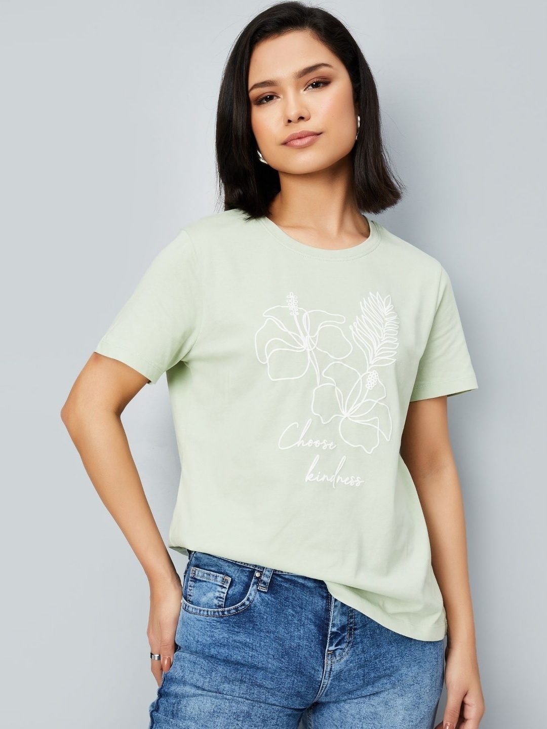 

max Women Floral Printed Round Neck Cotton T-shirt, Green