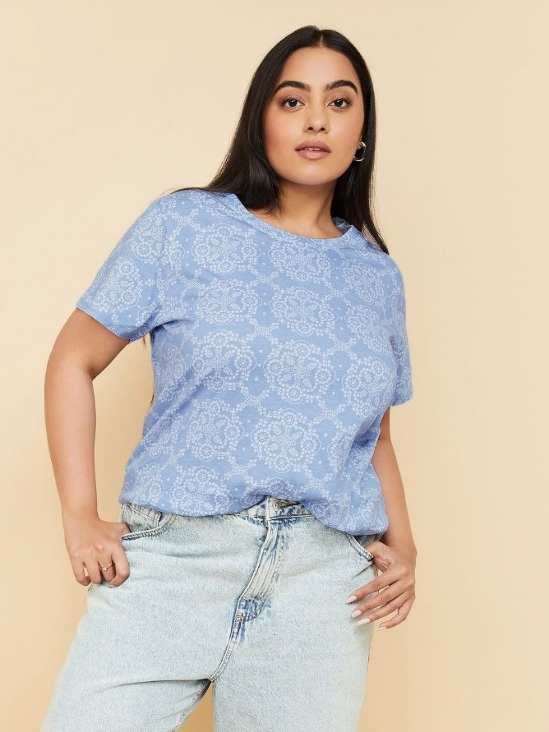 

max Women Plus Size Abstract Printed Round Neck Cotton T-shirt, Blue