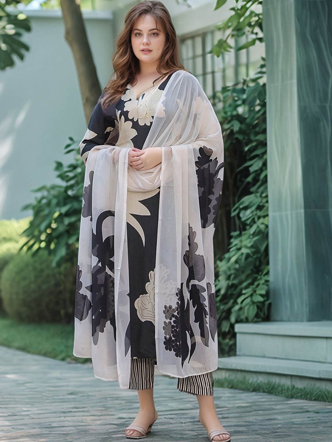 

Anni Designer Floral Printed Gotta Patti V-Neck Straight Kurta With Trousers & Dupatta, Black
