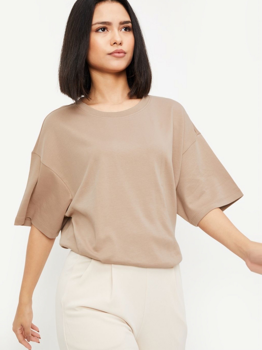 

max Women Solid Round Neck Cotton Relaxed Fit T-shirt, Brown