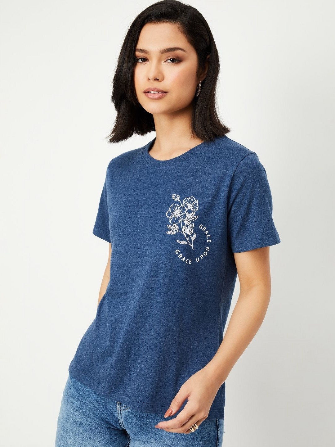 

max Women Typography Printed Round Neck Cotton T-shirt, Teal
