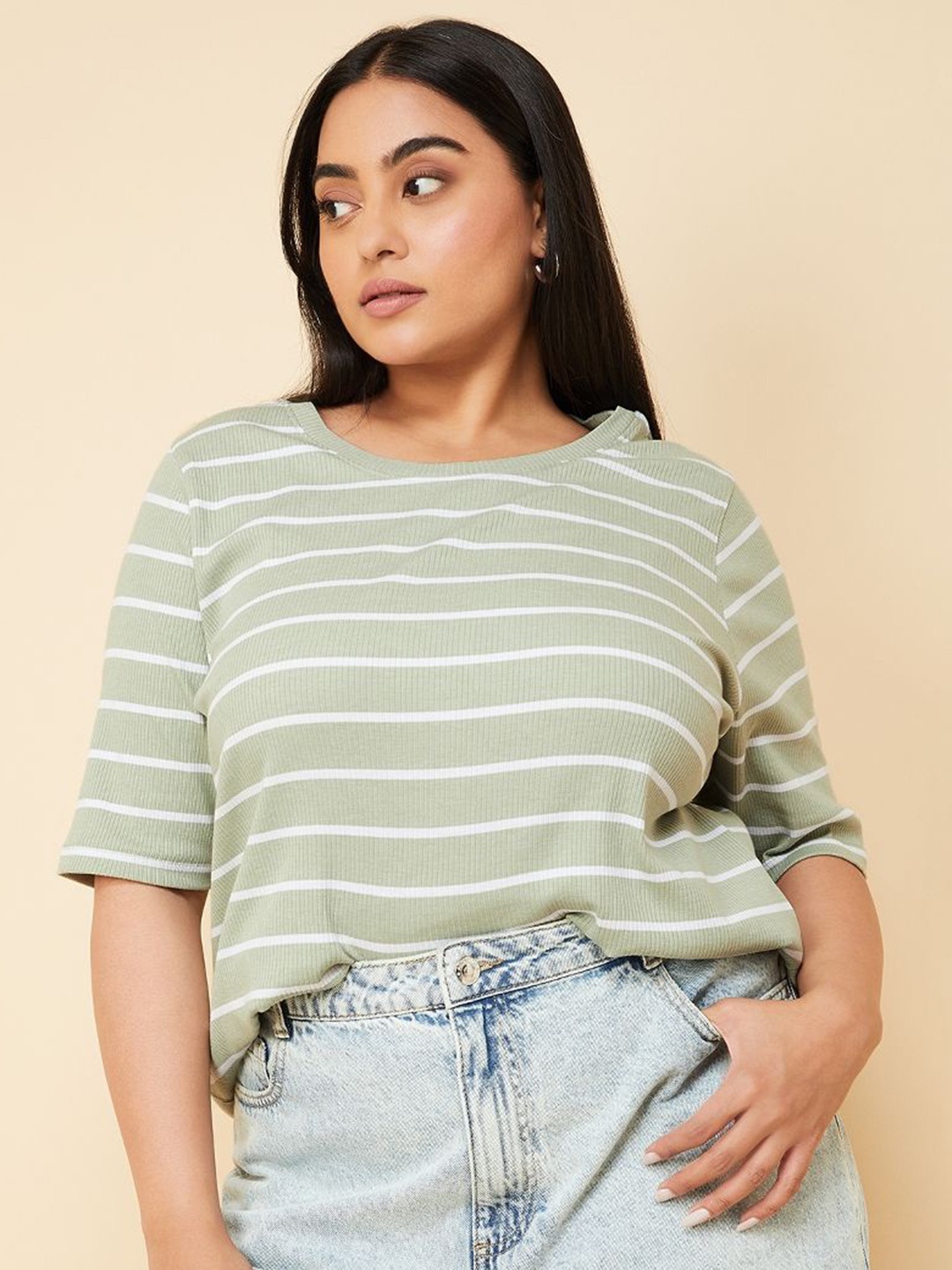 

max Women Plus Size Striped Round Neck Cotton T-shirt, Green