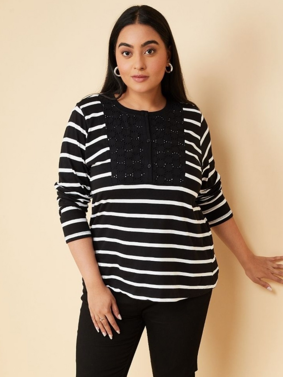 

max Women Plus Size Striped Henley Neck Cotton T-shirt, Black