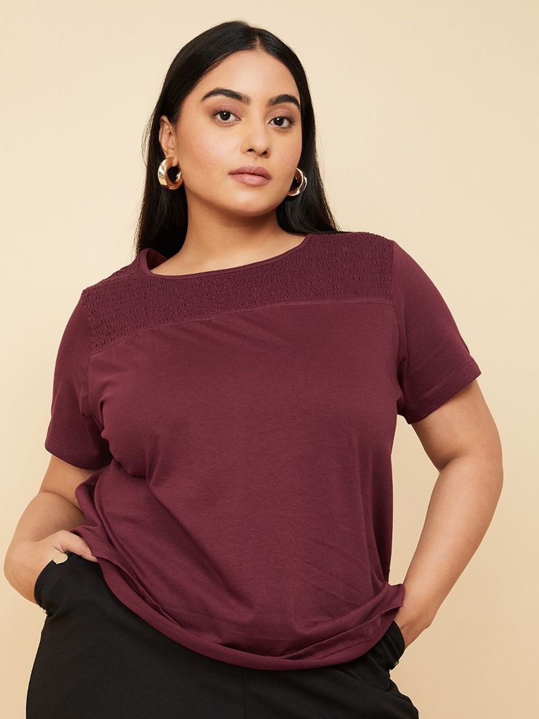 

max Women Plus Size Solid Round Neck Cotton T-shirt, Burgundy