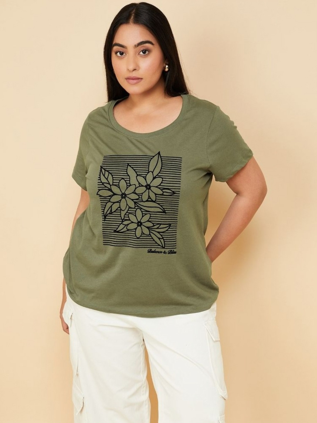 

max Women Plus Size Floral Printed Round Neck Cotton T-shirt, Olive