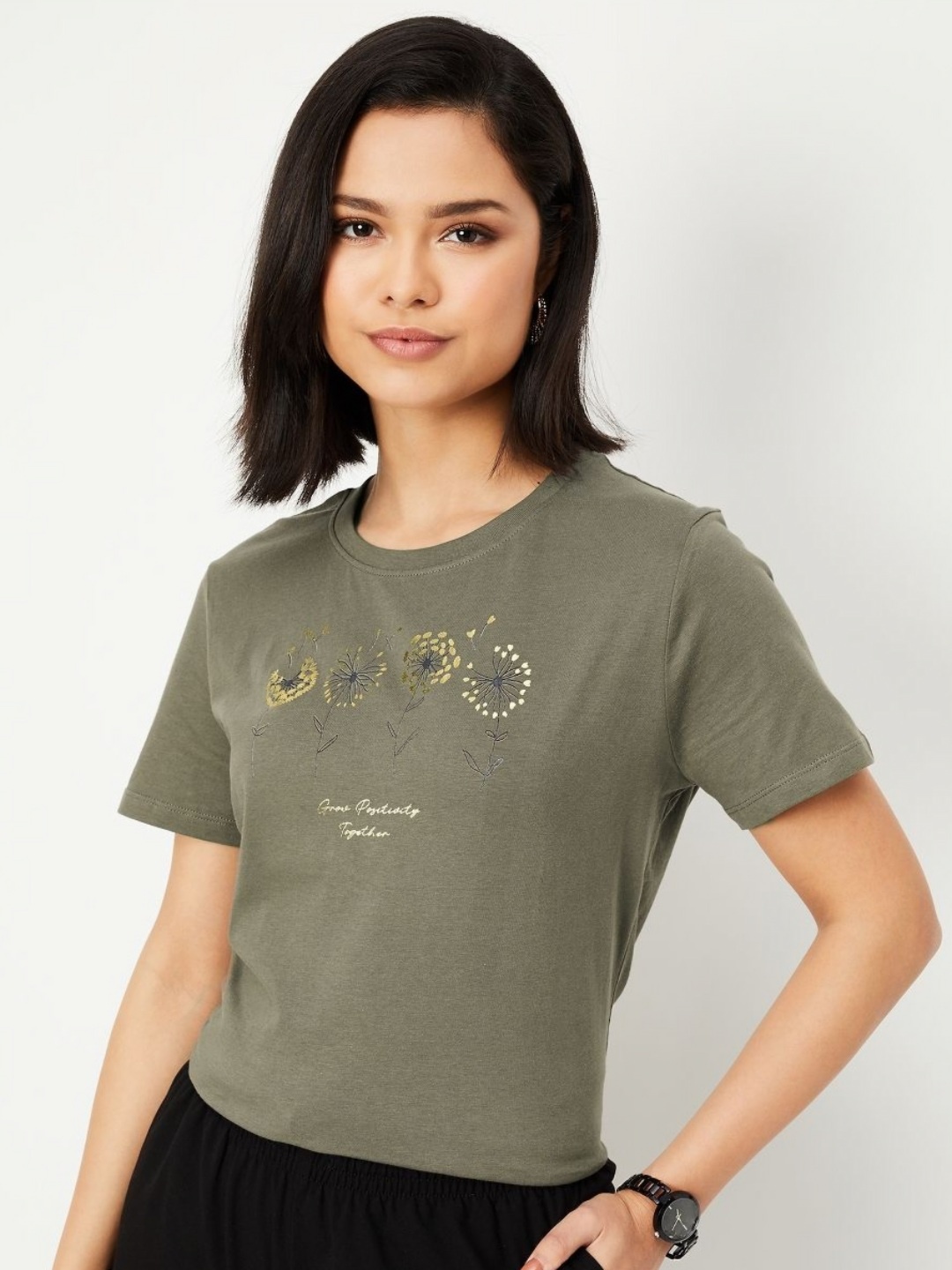 

max Women Graphic Printed Round Neck Cotton T-shirt, Olive