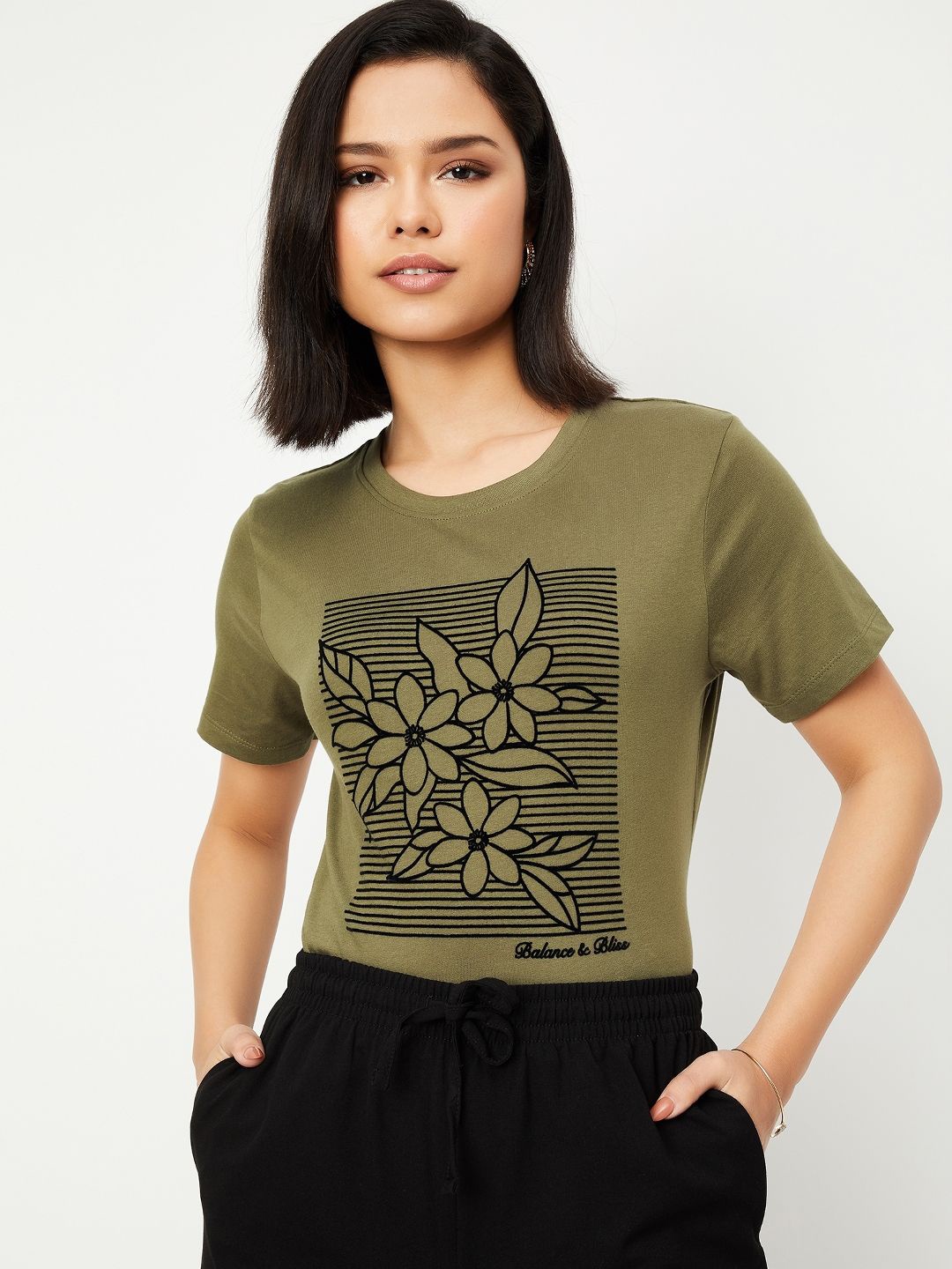 

max Women Floral Printed Round Neck Cotton T-shirt, Olive