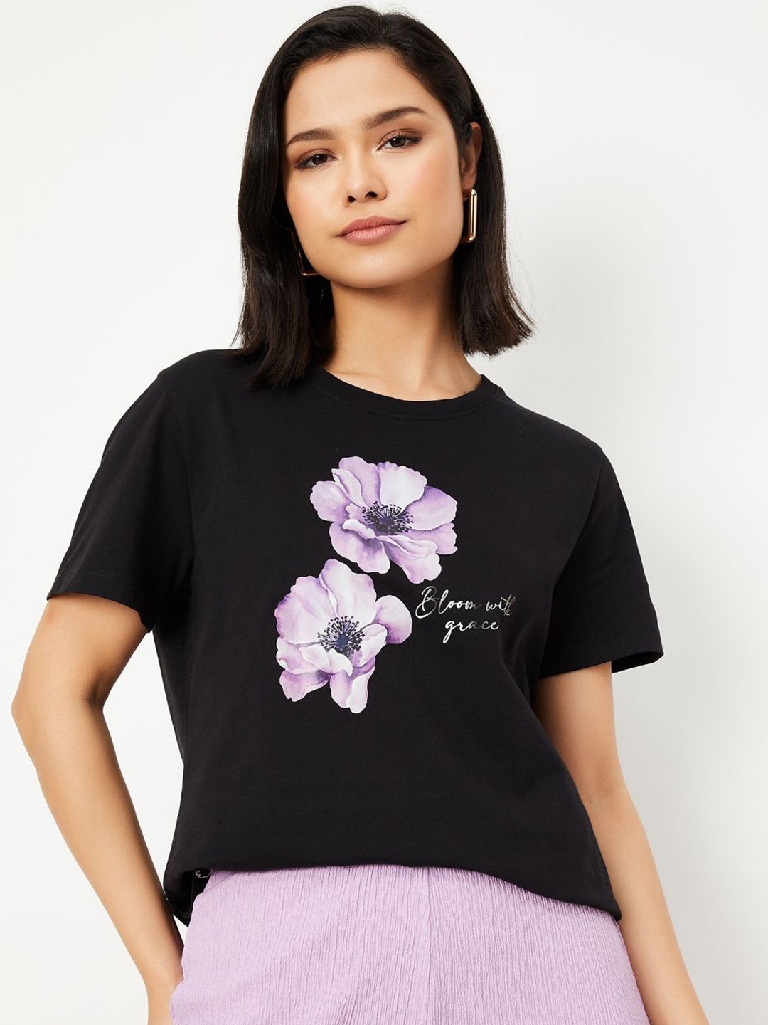 

max Women Floral Printed Round Neck Cotton T-shirt, Black