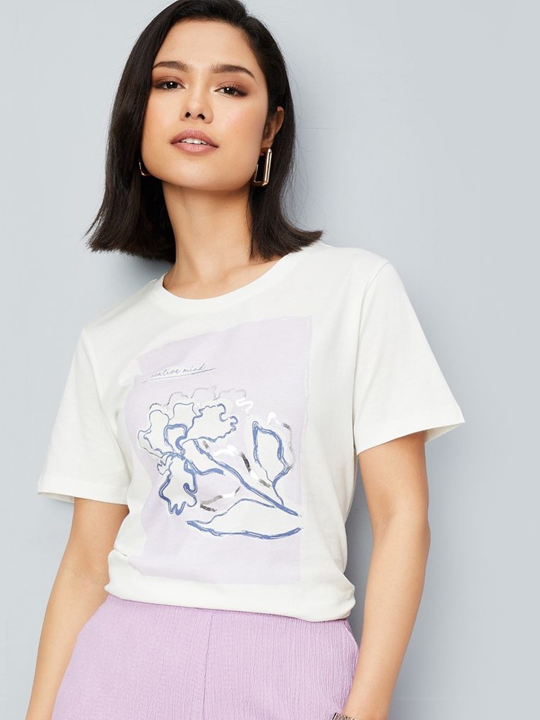

max Women Floral Printed Round Neck Cotton T-shirt, White