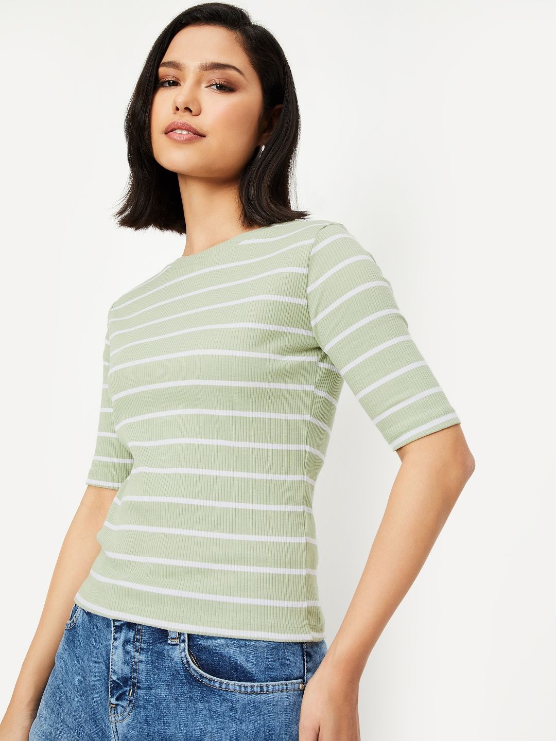 

max Women Striped Round Neck Cotton T-shirt, Green