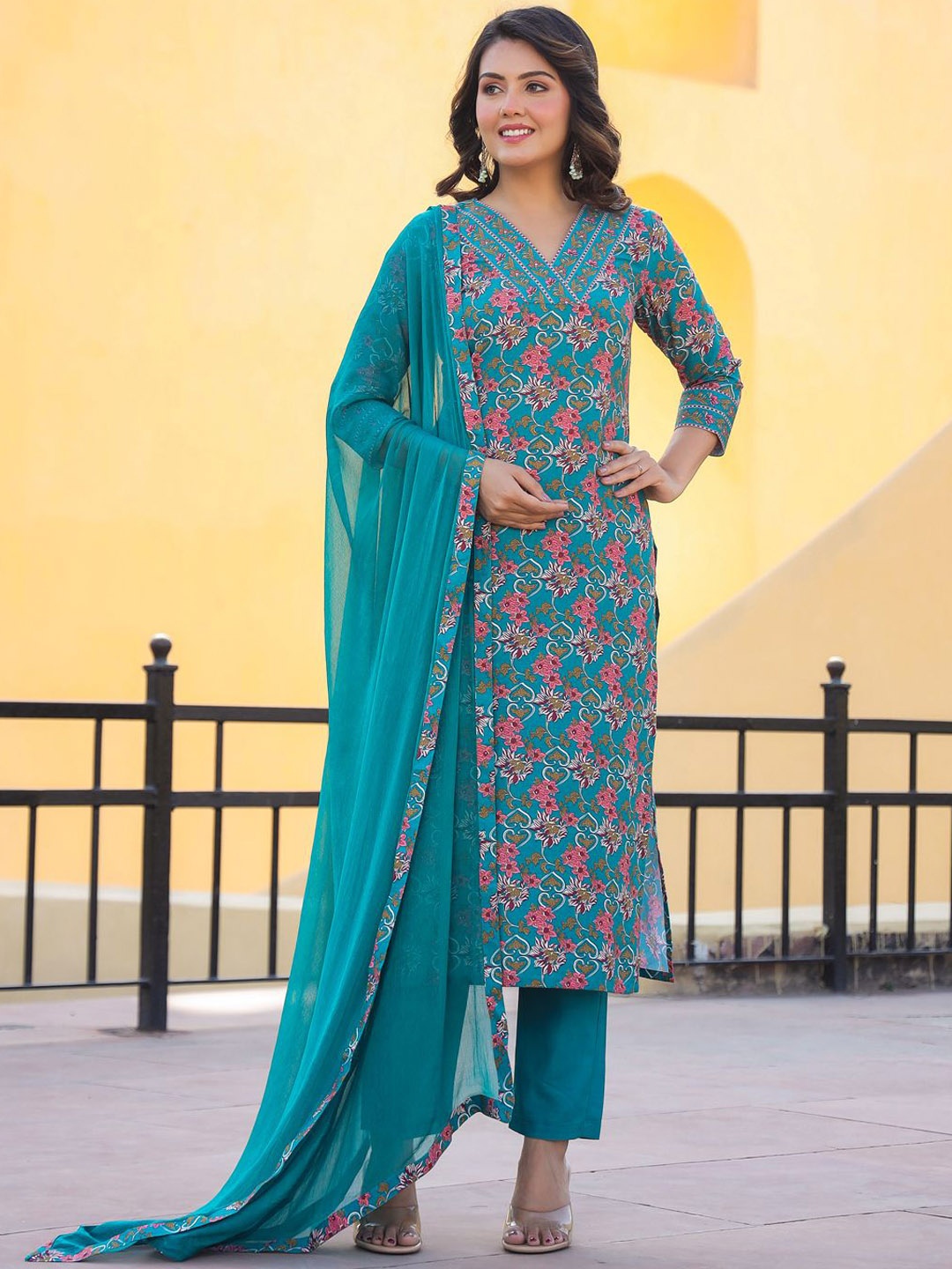 

Anni Designer Floral Printed V-neck Straight Kurta With Trouser & Dupatta, Blue