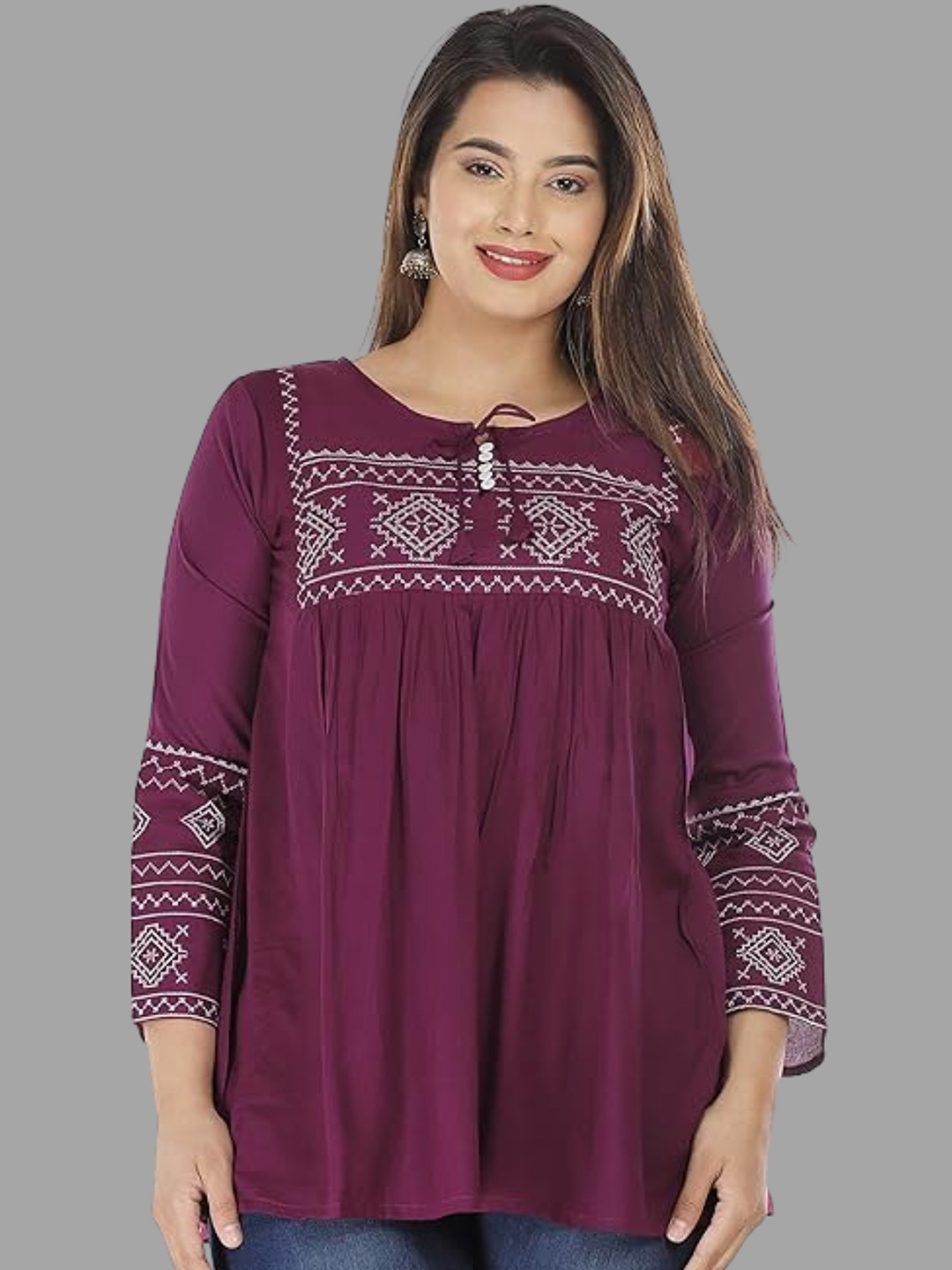 

AVAYAYAT Ethnic Motifs Printed Thread Work Pleated Kurti, Violet