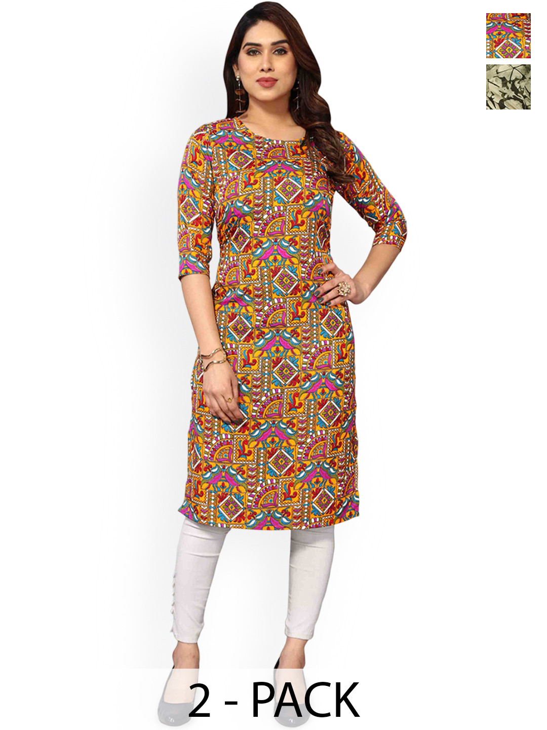 

KETAKI FASHION Selection Of 2 Floral Printed Round Neck Straight Kurtas, Yellow