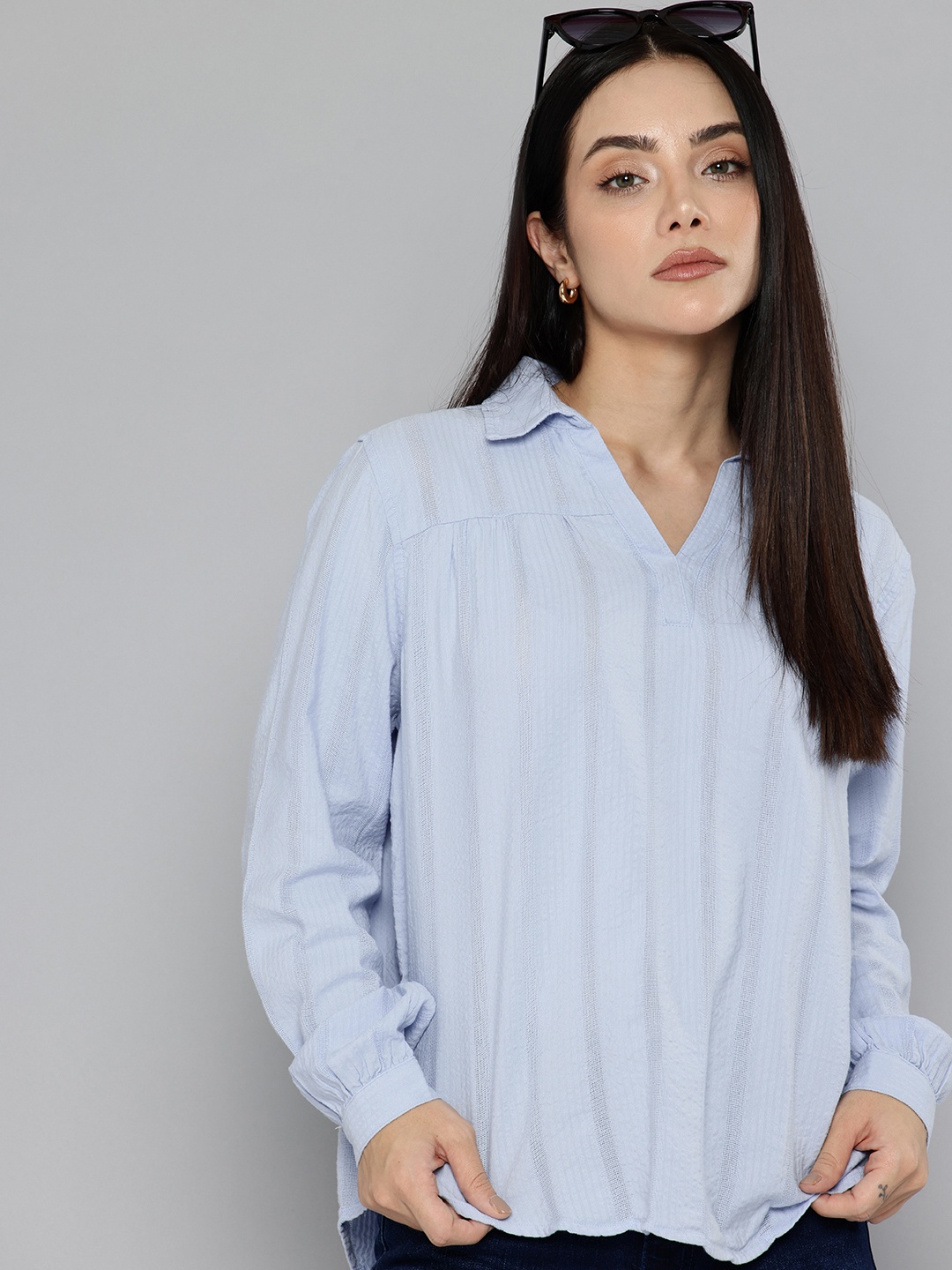 

Levis Self Striped Shirt Collar Top, Blue