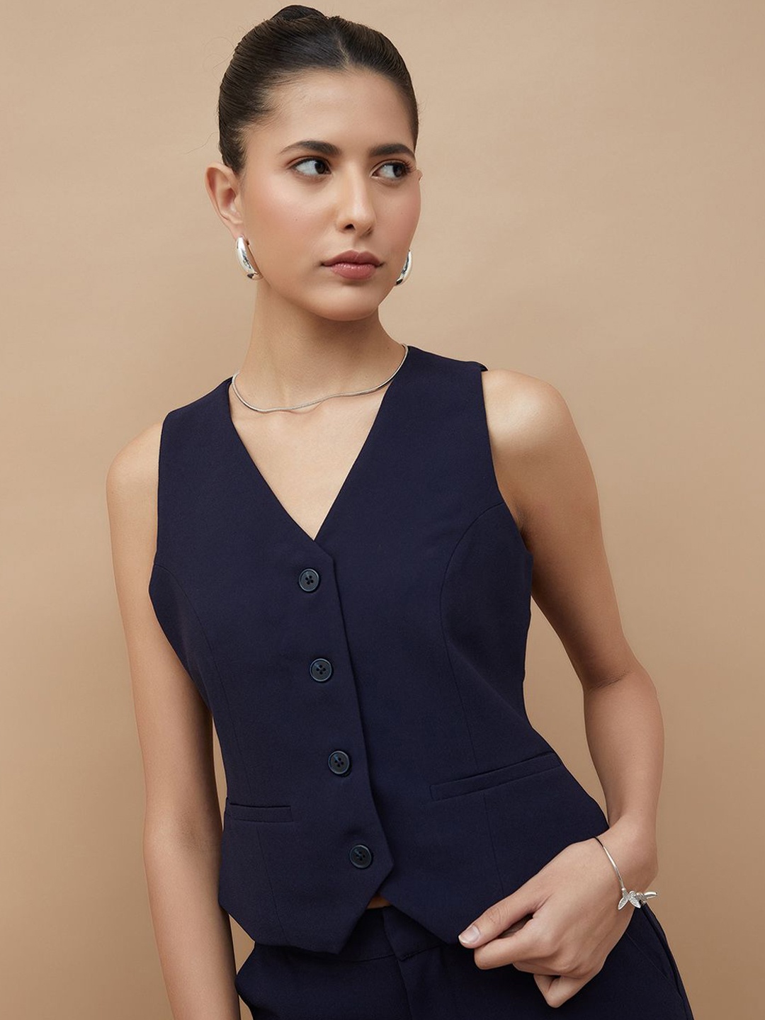 

CODE by Lifestyle Women Collarless Solid Casual Tailored Jacket, Navy blue