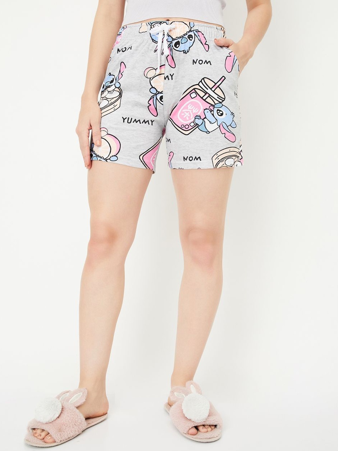 max Women Graphic Printed Regular Fit Mid-Rise Cotton Shorts, Grey