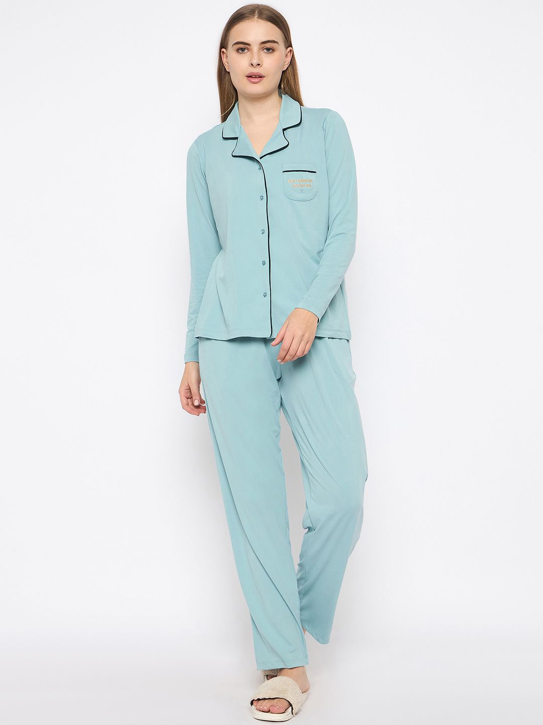 

MADAME M SECRET Women Lapel Collar Night suit, Blue