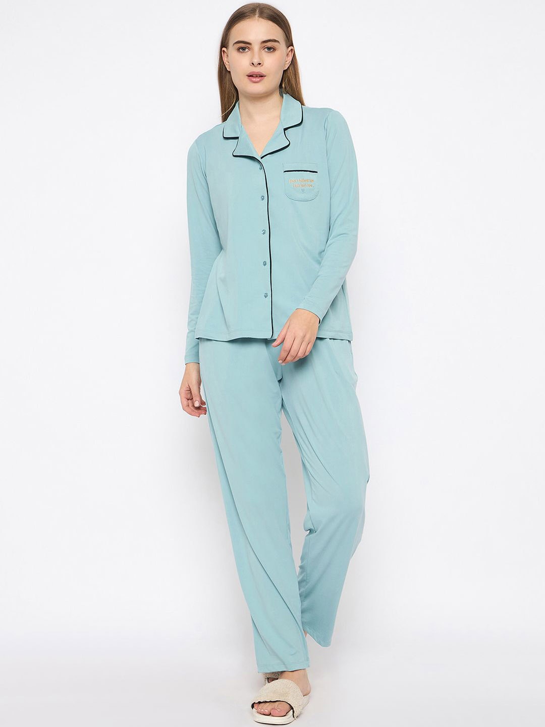 

MADAME M SECRET Women Lapel Collar Night suit, Blue
