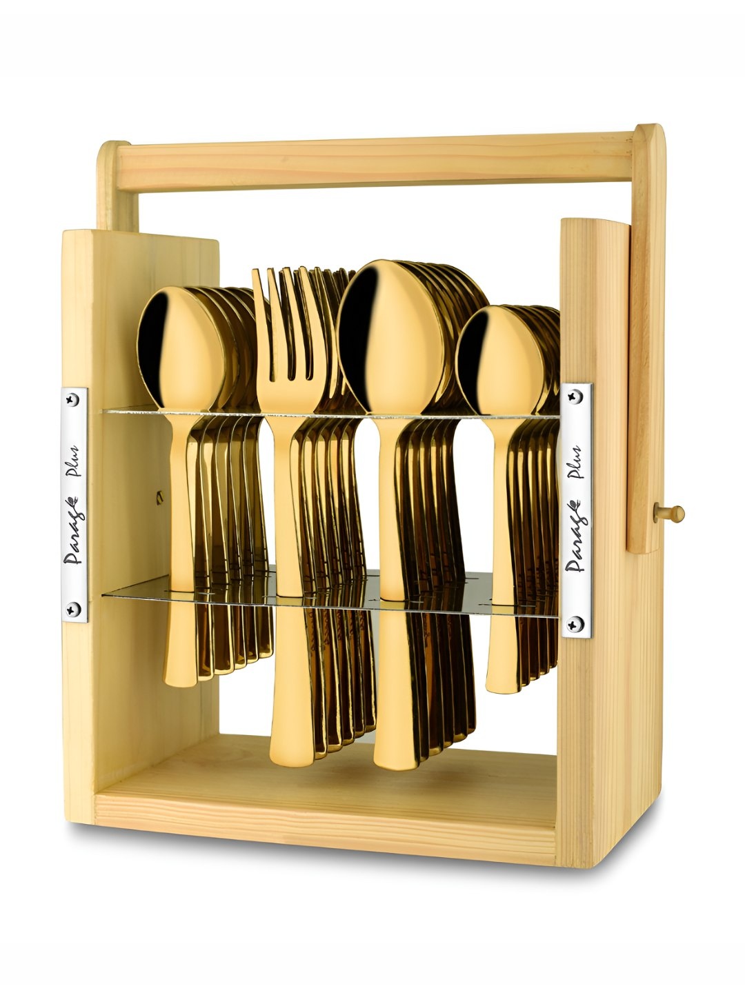 

Parage Gold Toned 25 Pieces Stainless Steel Cutlery Set with Wooden Hanging Stand