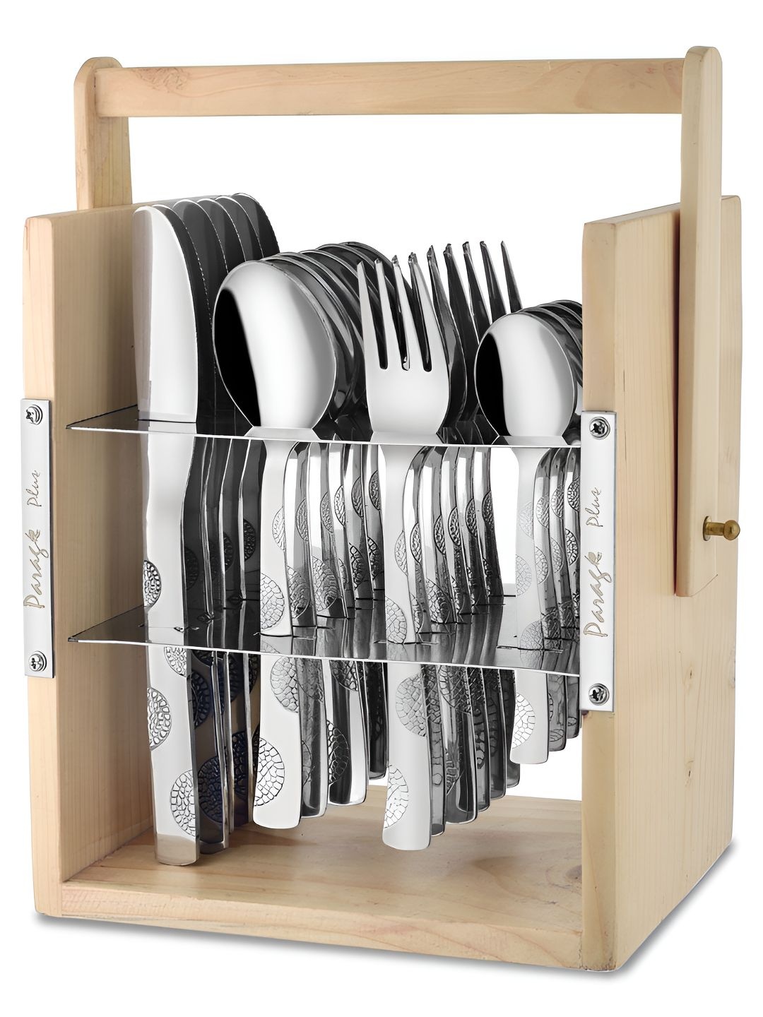 

Parage Silver Toned 25 Pieces Stainless Steel Moonpress Cutlery Set & Wooden Hanging Stand