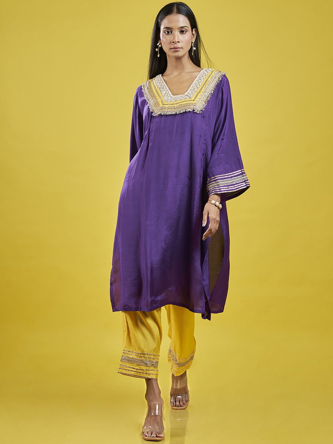 

ISHKIYA Yoke Design V-Neck Pleated A-Line Kurta With Palazzo, Purple