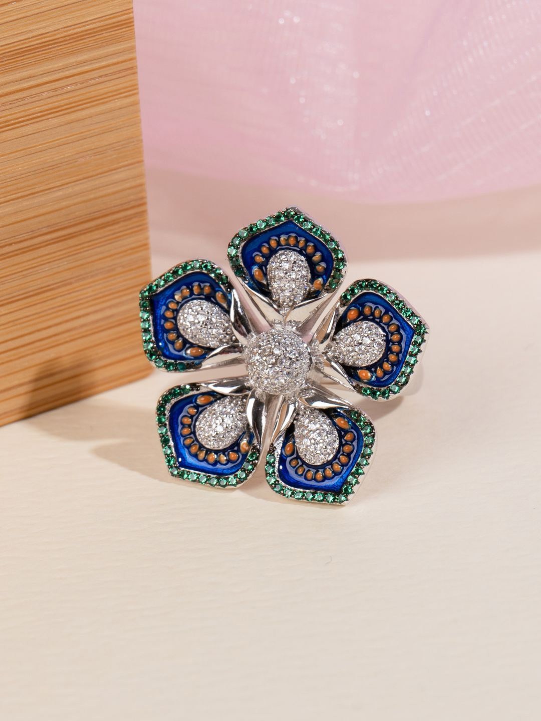

GLYTERS 92.5 Sterling Silver Stone-Studded Peacock Bloom Finger Ring