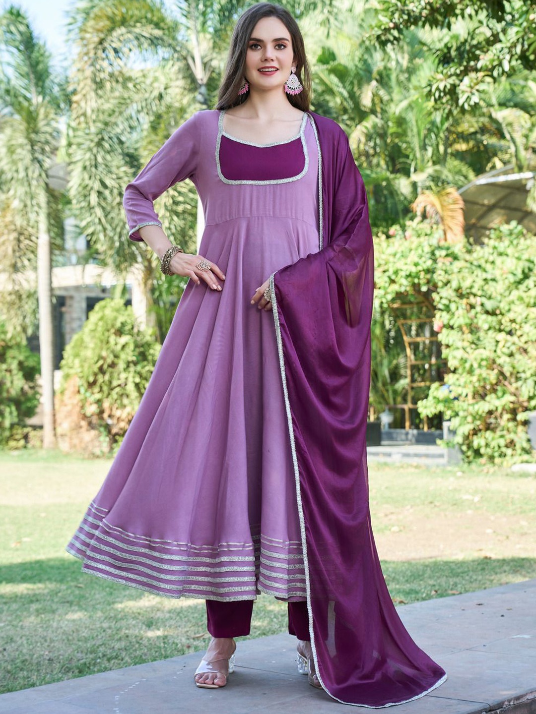 

Anni Designer Gotta Patti Sweetheart Neck Anarkali Kurta With Trousers And Dupatta, Lavender