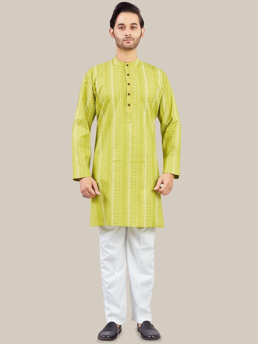 

Studio Shringaar Striped Band Collar Pure Cotton Straight Kurta, Lime green