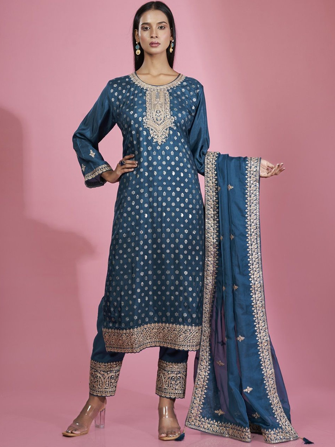 

ISHKIYA Ethnic Motifs Embroidered Zari Work Straight Kurta With Trouser And Dupatta, Blue