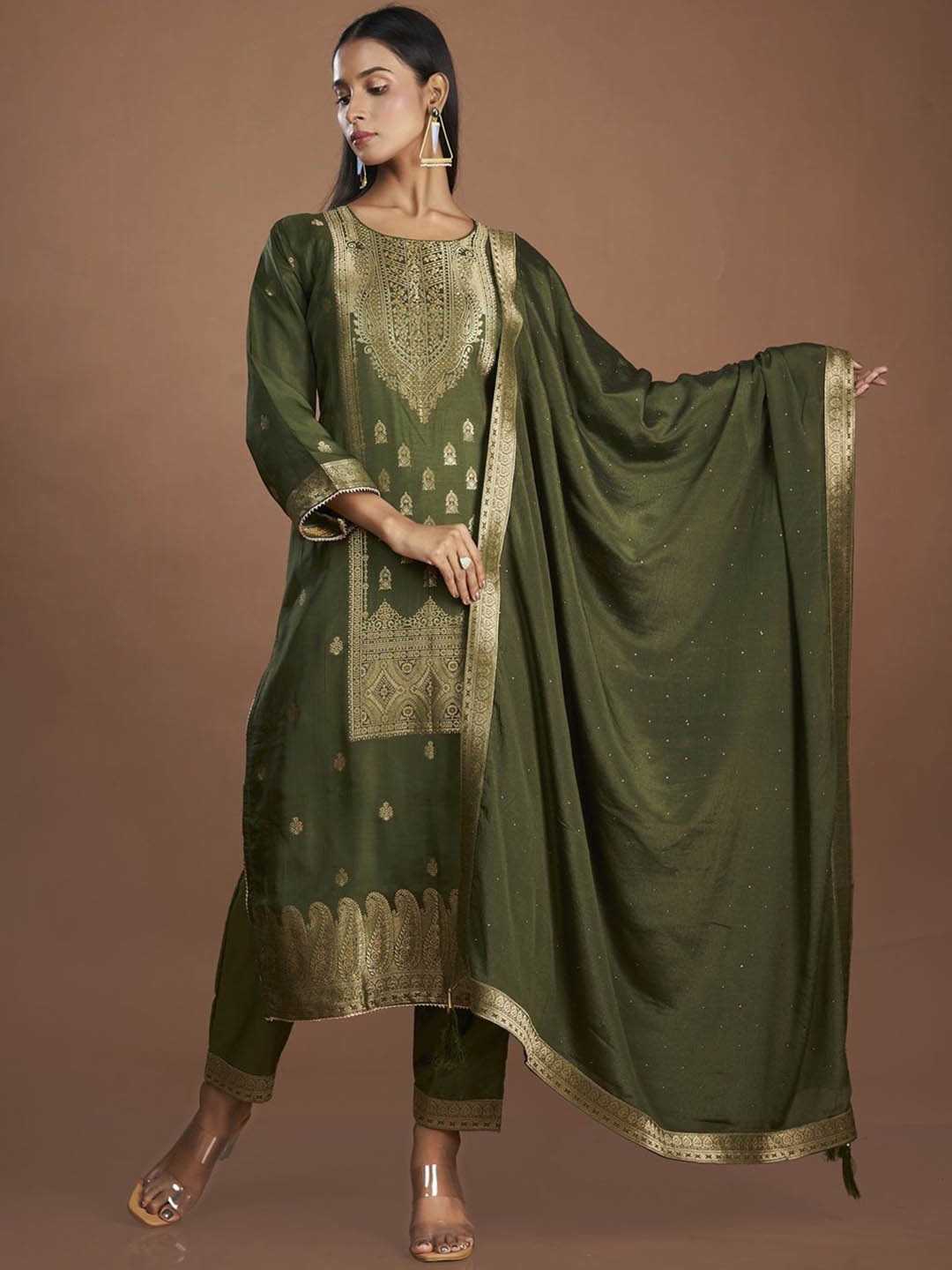 

ISHKIYA Woven Design Floral Straight Kurta With Trousers And Dupatta, Green
