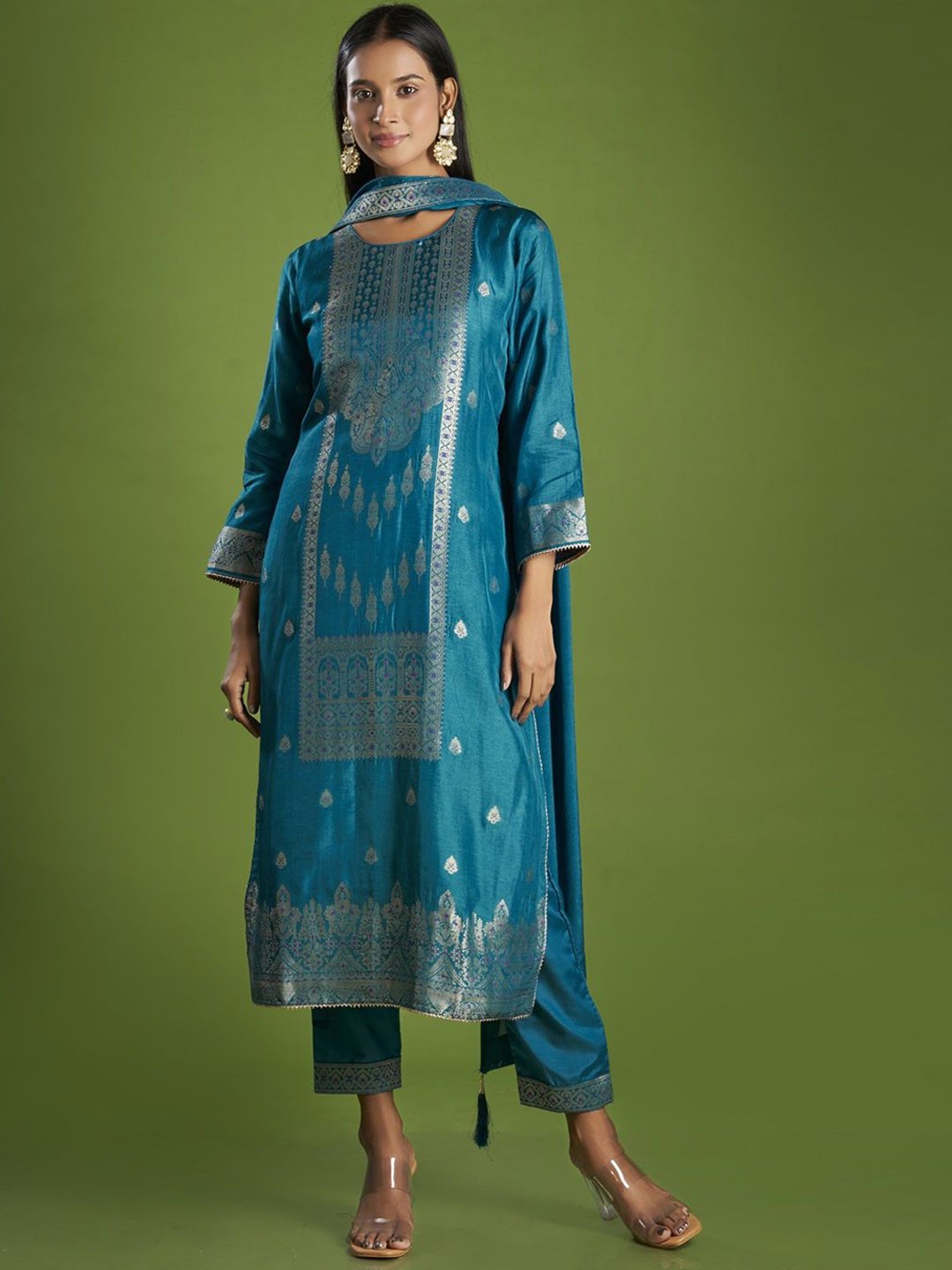 

ISHKIYA Ethnic Motifs Woven Design Straight Kurta With Trousers And Dupatta, Blue