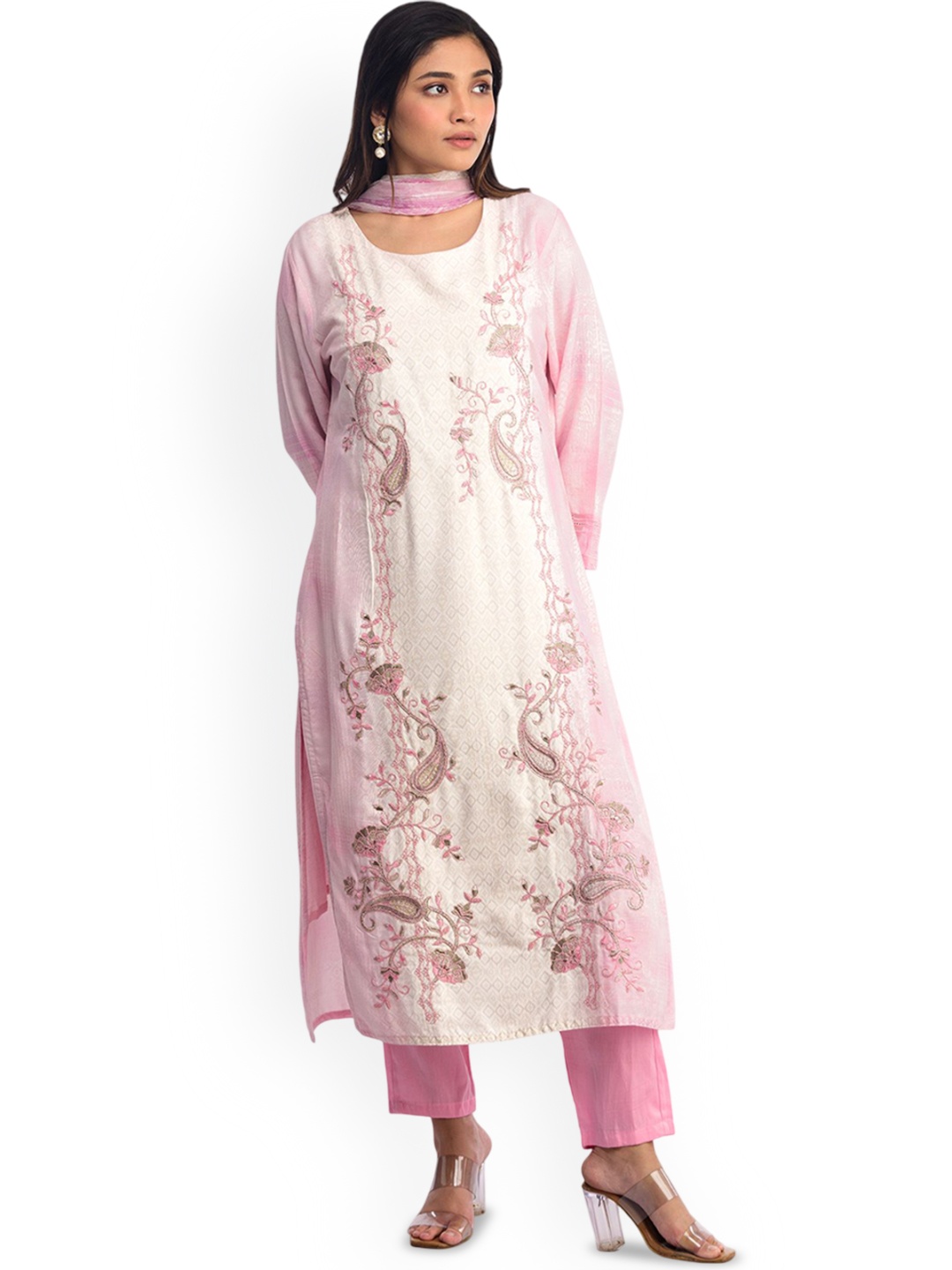

ISHKIYA Floral Embroidered Printed Straight Kurta With Churidar And Dupatta, White