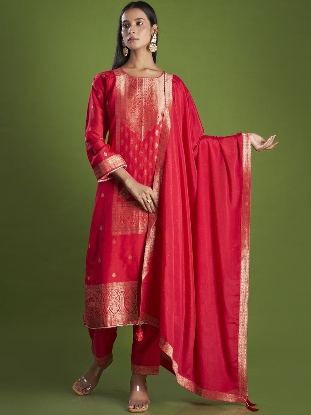 

ISHKIYA Ethnic Motifs Woven Design Straight Kurta With Trousers And Dupatta, Red