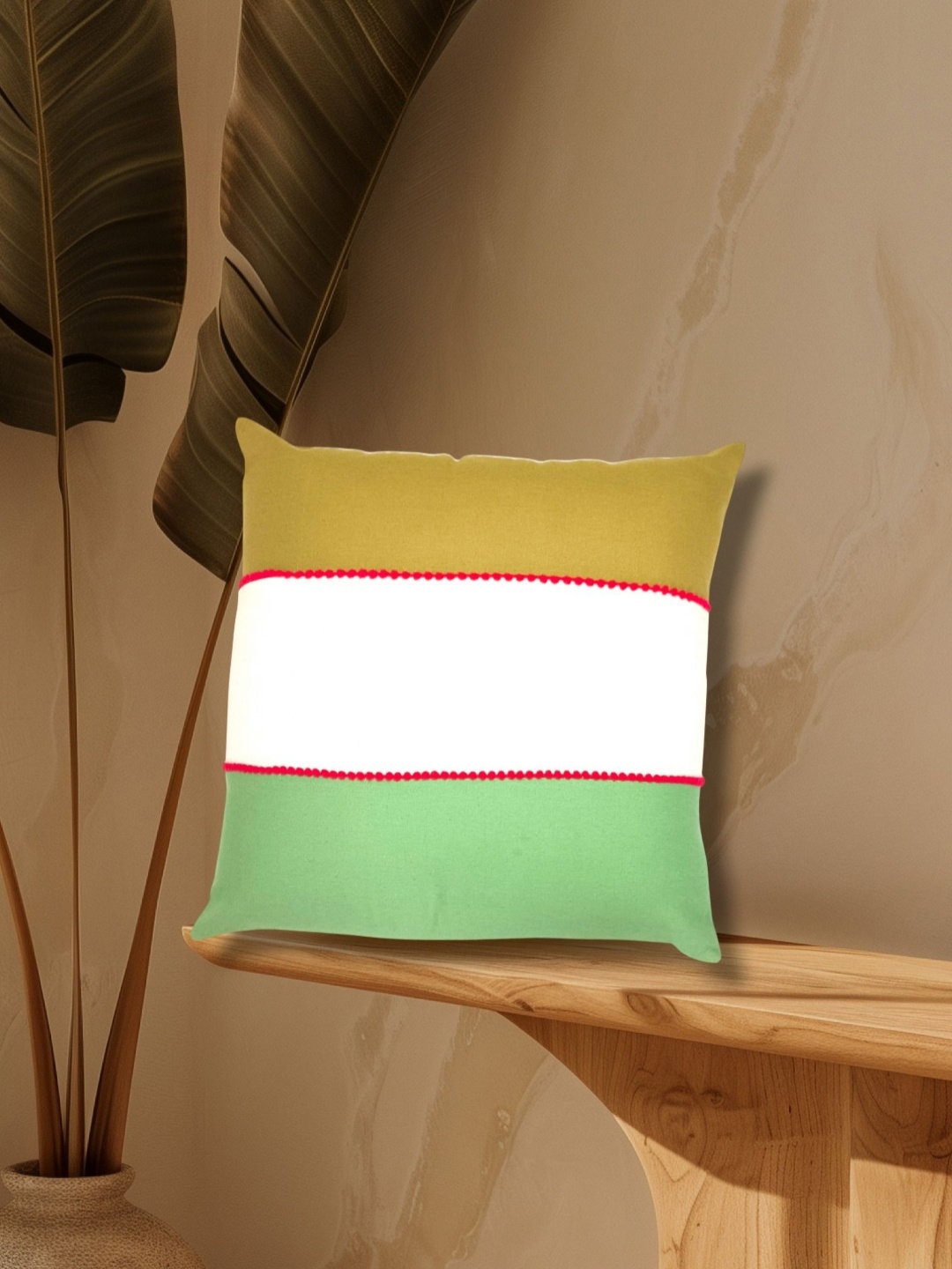 

HOMPRIN White & Green Colourblocked Pure Cotton Square Cushion Cover