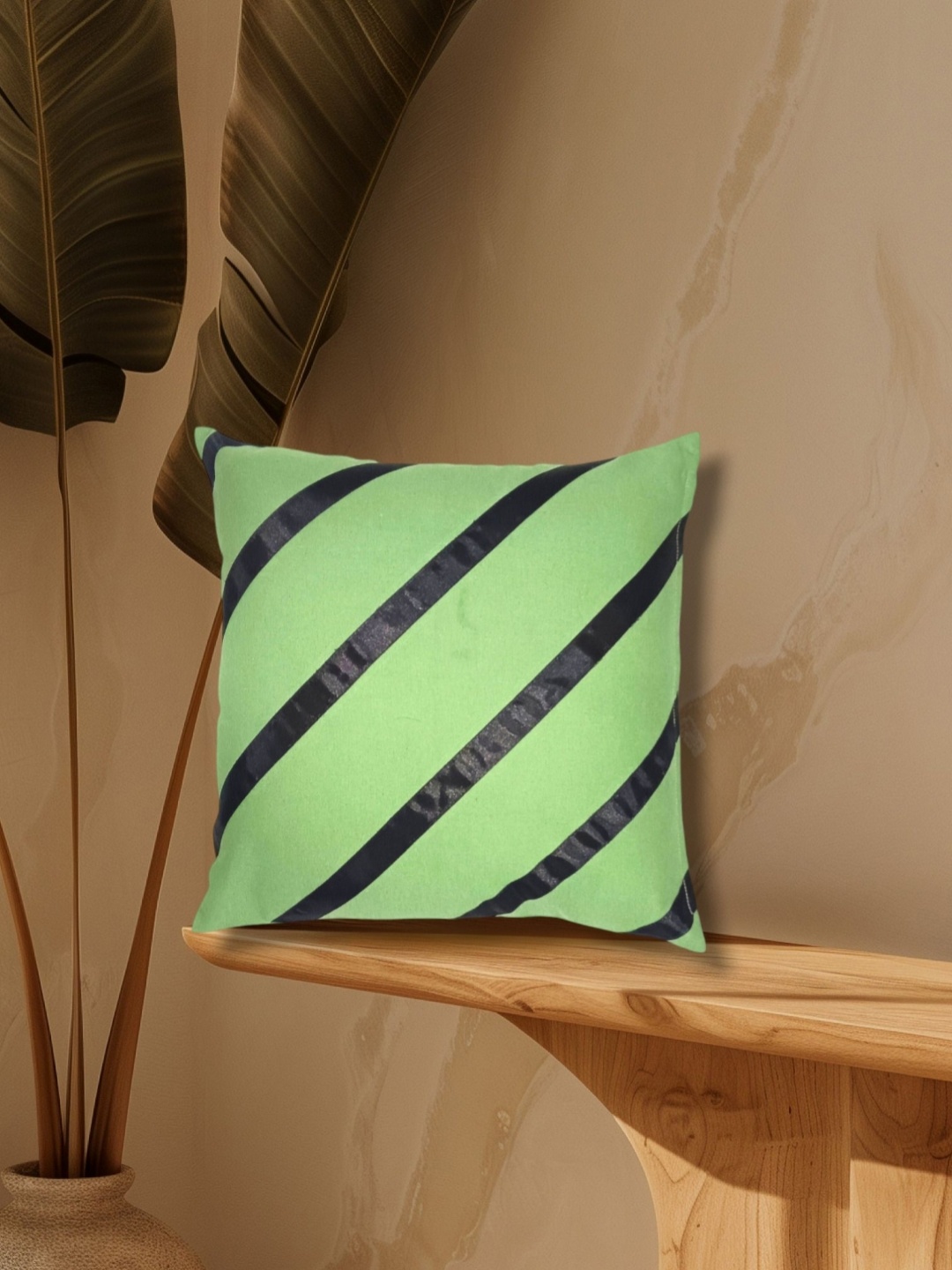 

HOMPRIN Green & Black Striped Pure Cotton Square Cushion Cover