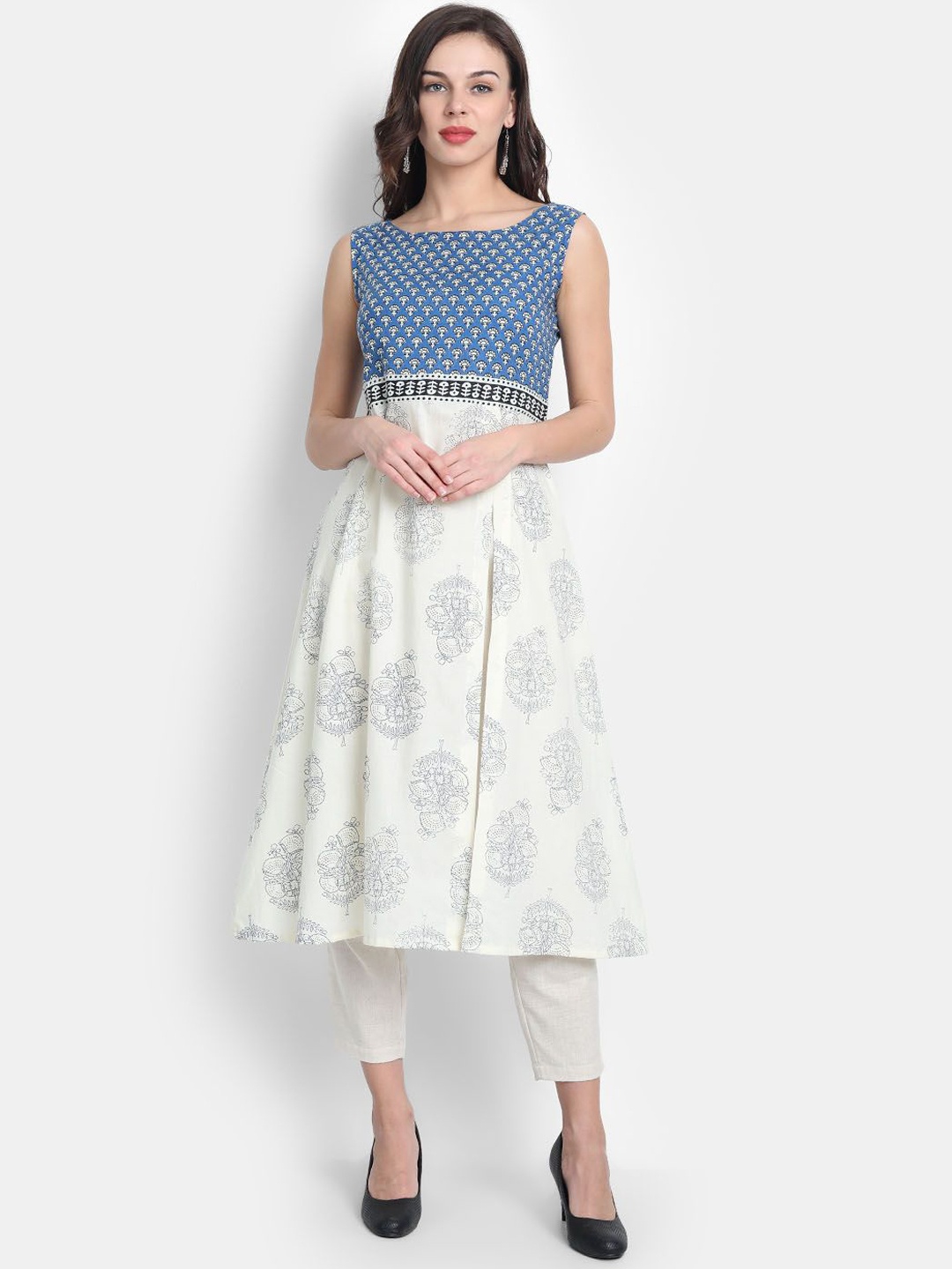 

KUMARI Floral Printed High Slit Square Neck Pure Cotton A-Line Kurtas, Blue