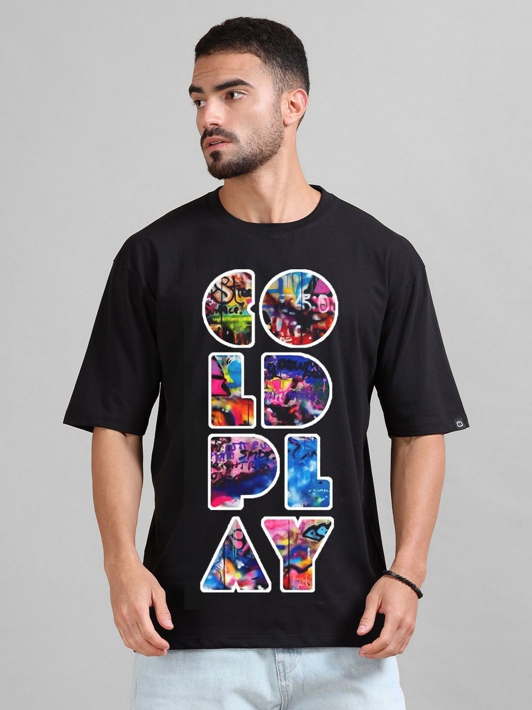 Bushirt Men Graphic Printed Round Neck Cotton Relaxed Fit T-shirt, Black