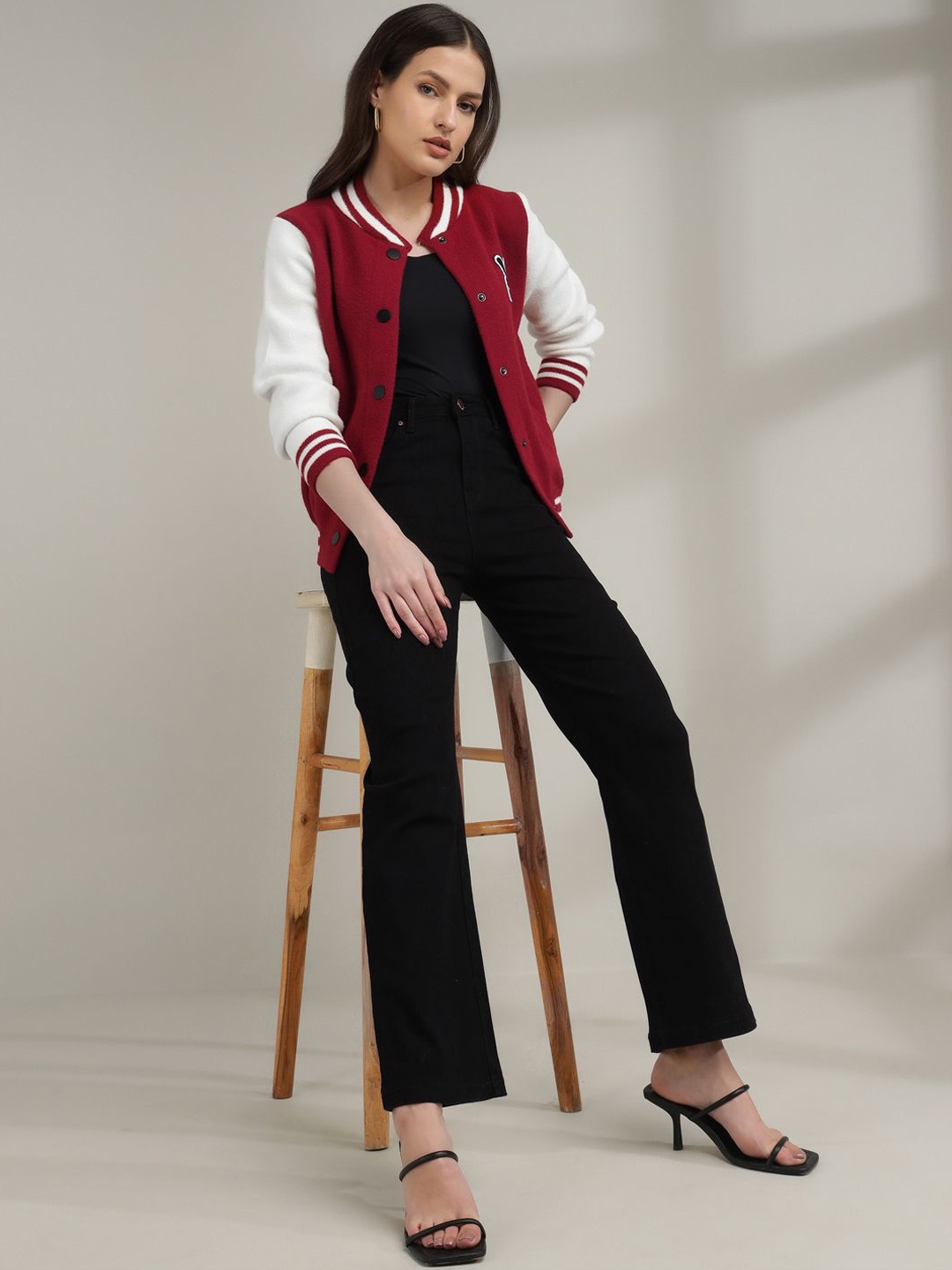 

Xpose Women Stand Collar Colourblocked Casual Varsity Jacket, Red