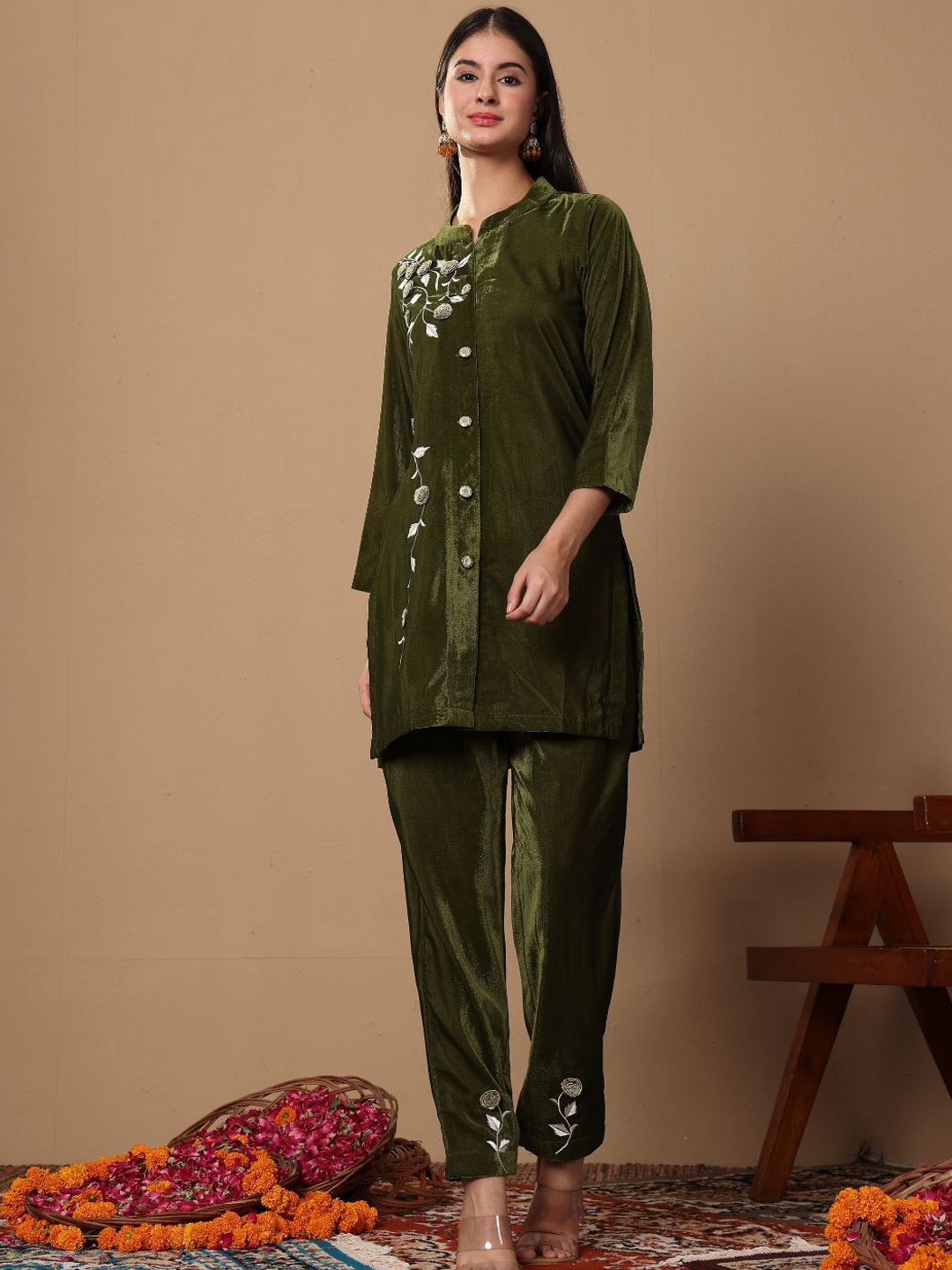 

Lative Colours of Fashion Floral Embroidered Thread Work Velvet Tunic With Trouser, Olive