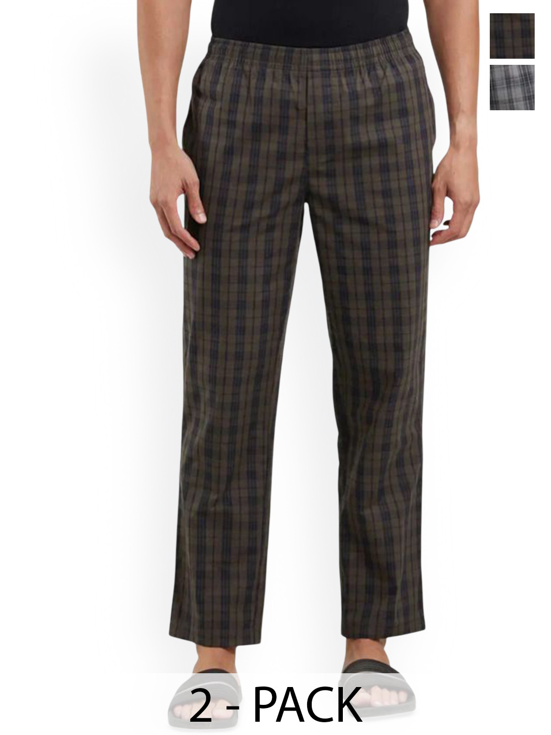 

DIGITAL SHOPEE Pack Of 2 Checked Cotton Mid-Rise Lounge Pants, Brown