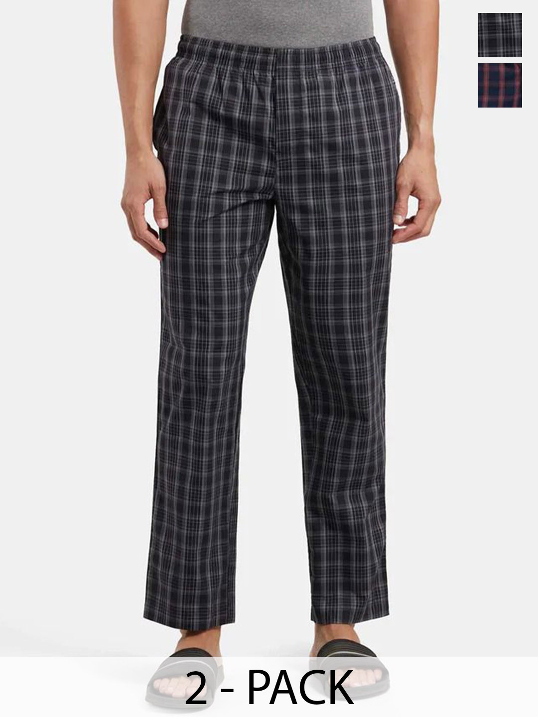 

DIGITAL SHOPEE Men Pack Of 2 Checked Cotton Mid-Rise Lounge Pants, Navy blue