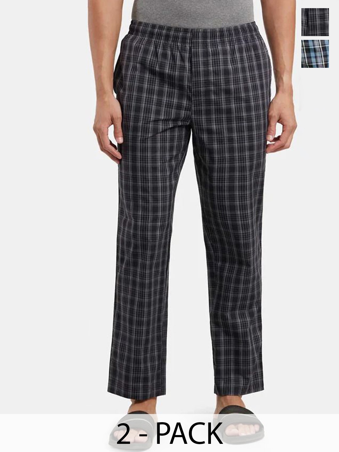 

DIGITAL SHOPEE Men Pack Of 2 Checked Cotton Mid-Rise Lounge Pants, Black