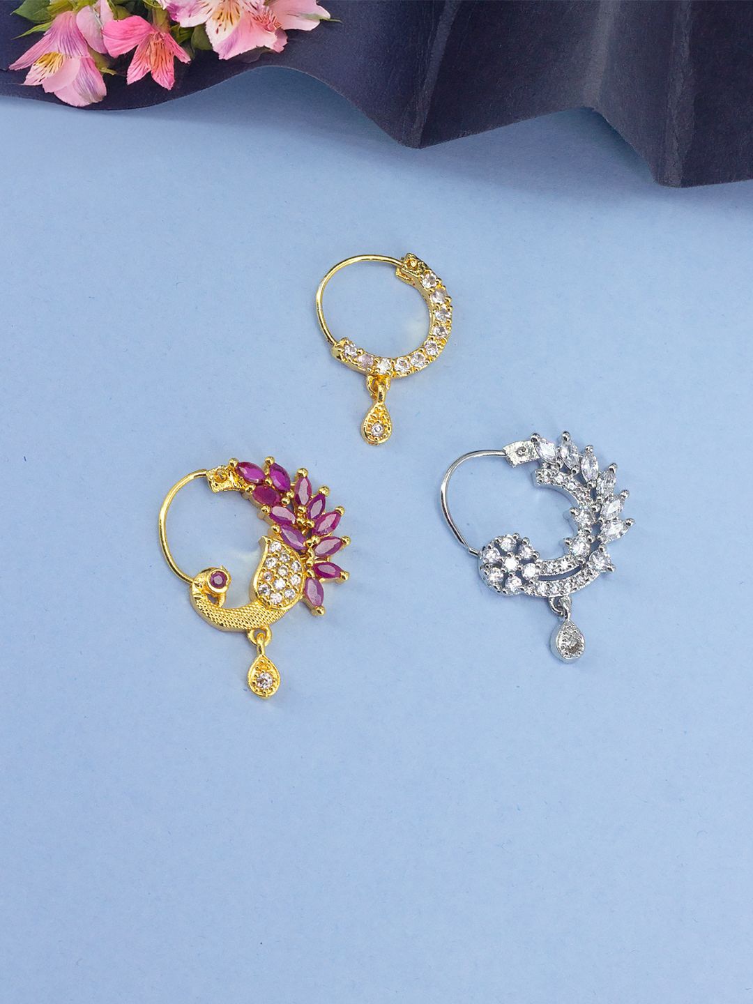 

PRIVIU Set Of 3 Gold-Plated American Diamond Studded Ring Nosepin