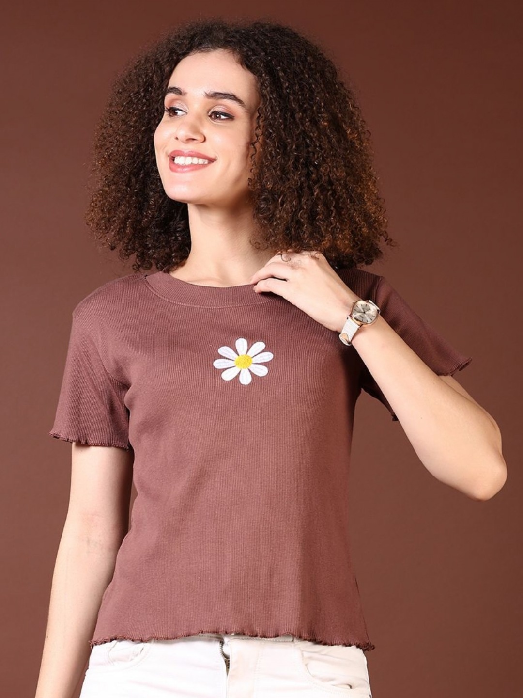 

V-Mart Women Floral Printed Round Neck Cotton T-shirt, Mauve