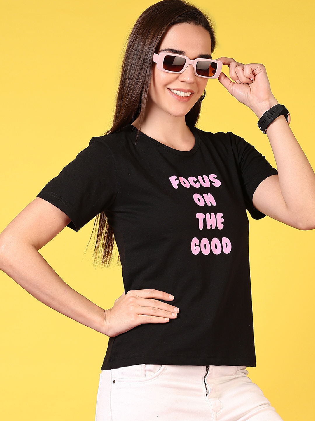 

V-Mart Women Typography Printed Round Neck Cotton T-shirt, Black