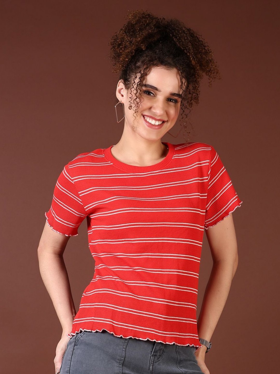 

V-Mart Women Striped Round Neck Cotton T-shirt, Red