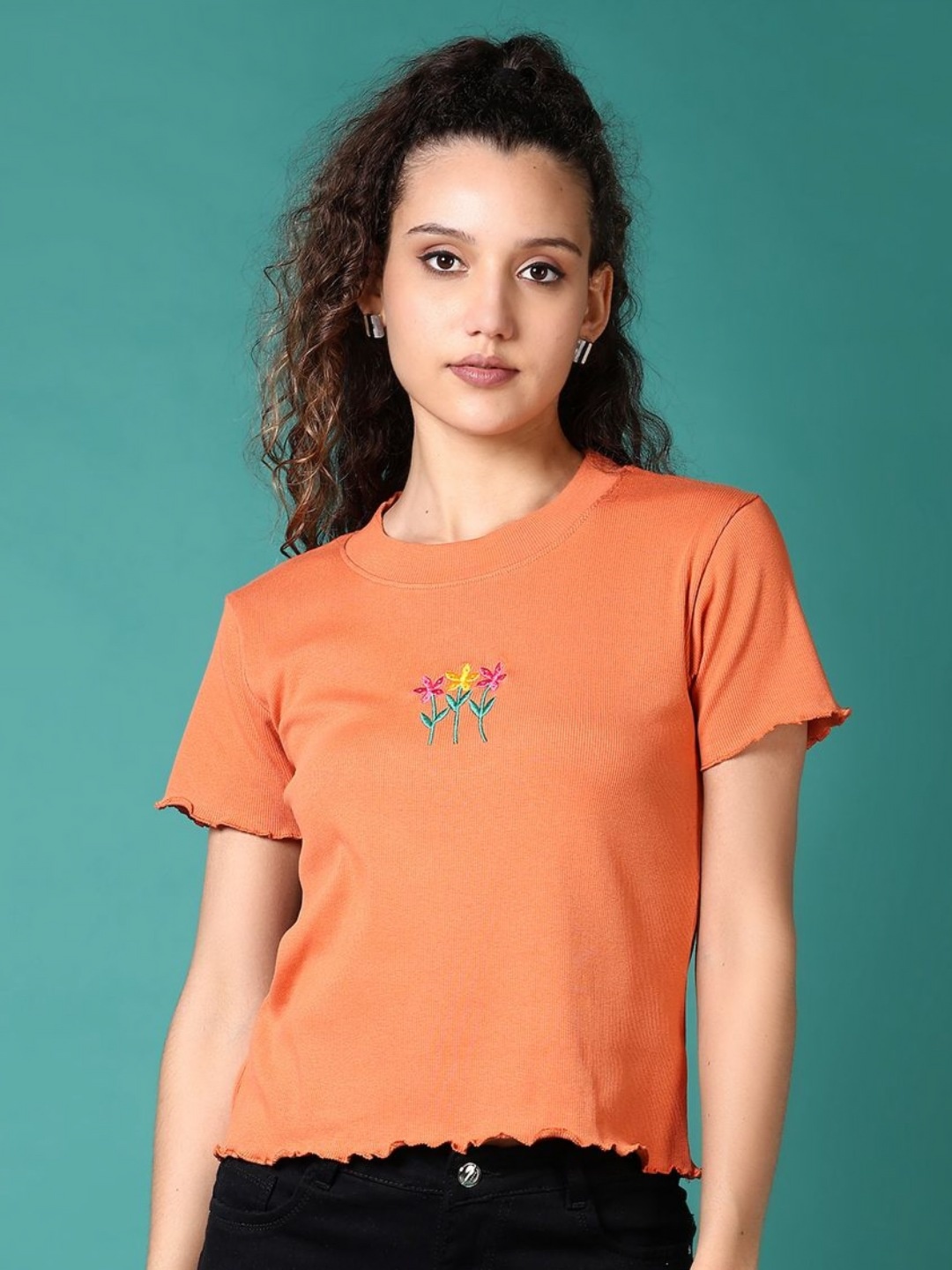 

V-Mart Women Solid Embroidered Round Neck Cotton T-shirt, Orange