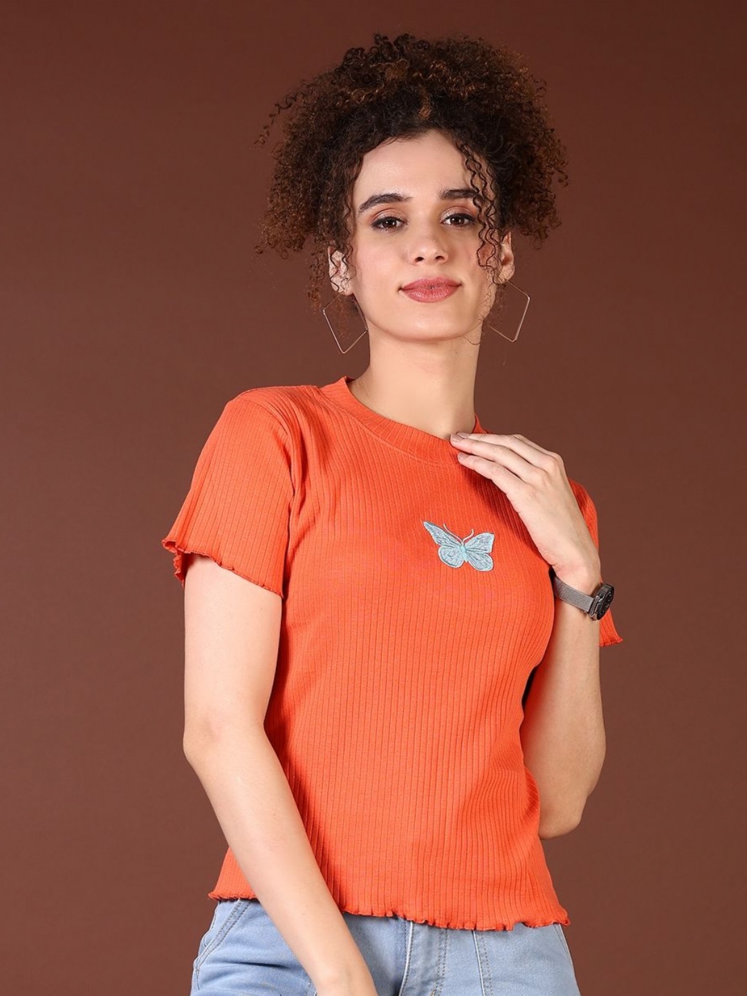 

V-Mart Women Solid Round Neck Cotton T-shirt, Orange