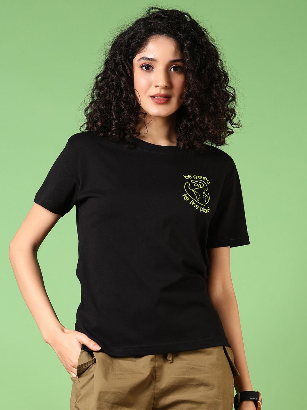 

V-Mart Women Graphic Printed Round Neck Cotton T-shirt, Black