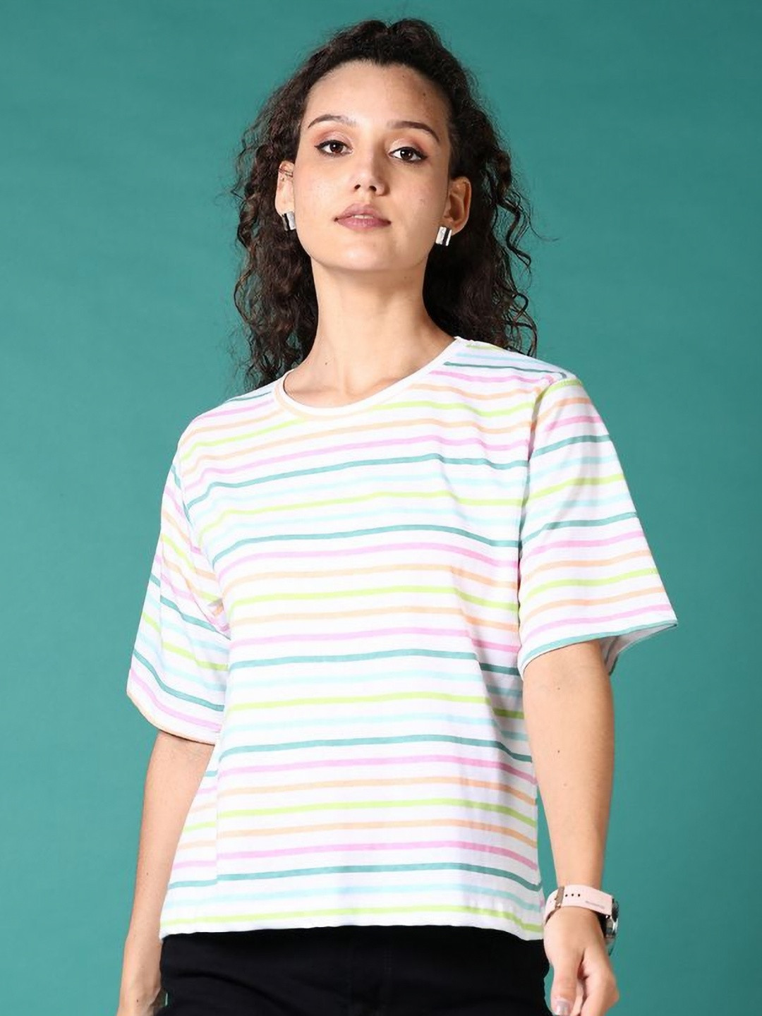 

V-Mart Women Striped Round Neck Cotton Relaxed Fit T-shirt, White
